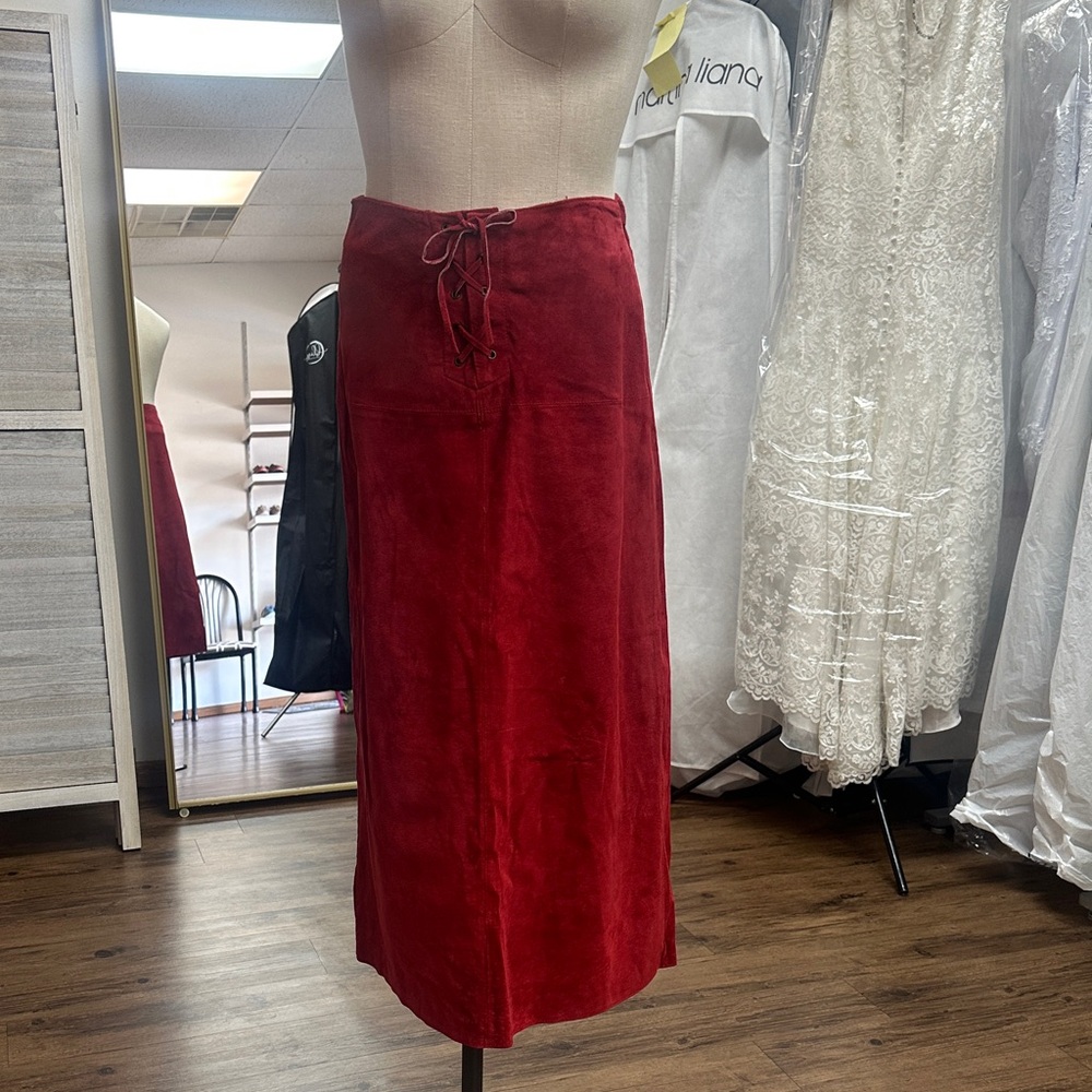 Boston Proper Red Genuine Suede Lace-Up Midi Skirt